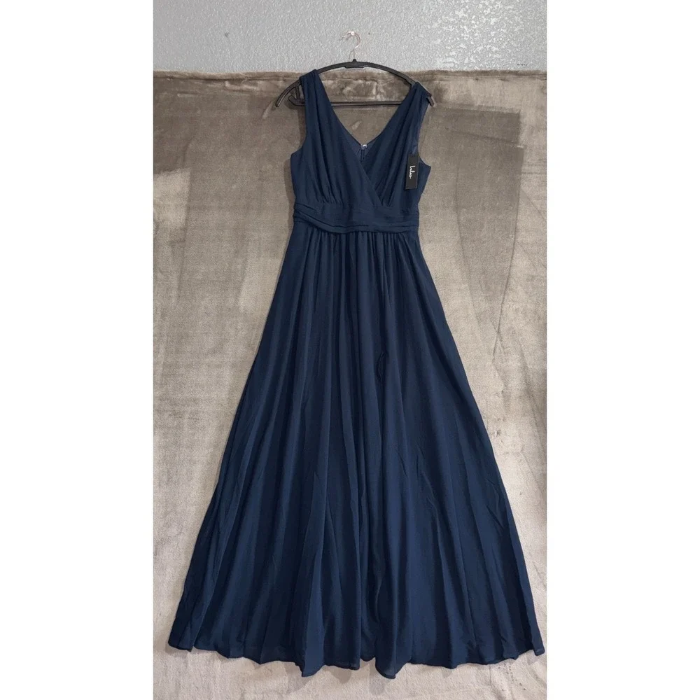 Lulus Thoughts of Hue Surplice Maxi Dress Womens Medium Navy Blue Fully Lined